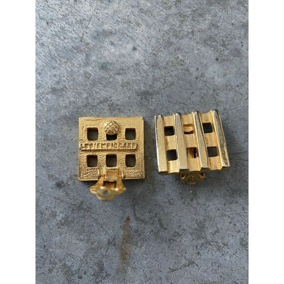 Vintage Lucien Piccard Earrings Stud Square Gold Tone Clip On Geometric 1” x 1” - Picture 6 of 9